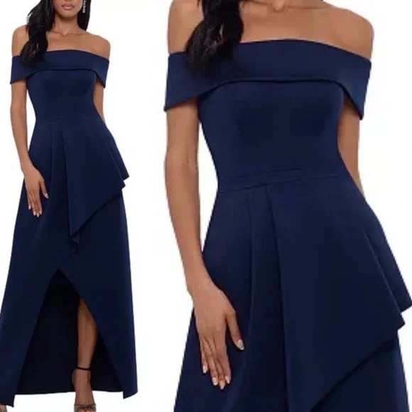 Xscape | Dresses | Macys Xscape Blue Navy Offshoulder High Low Gown  Cocktail Maxi Dress Size 8 | Poshmark